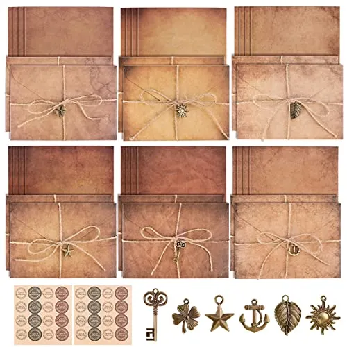Stück Umschläge Antik Briefpapier mit Umschlag Set, 24 Vintage Kraftpapier Umschläge,12 Retro Schlüsseln,12 Hanfseilen,2 Sheet Vintage Seal Stickers,24 Hanfseilen 74