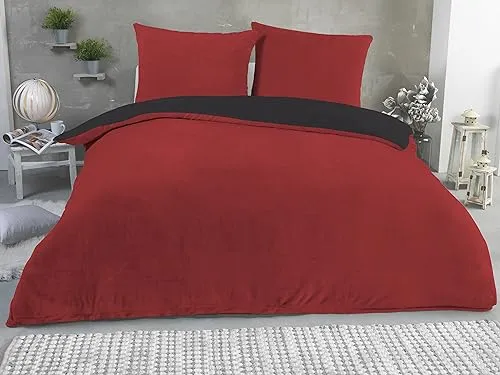 Winter Plüsch Wendebettwäsche Nicky-Teddy 'Cashmere Touch' 135-155 - 200x200 Coral Fleece, Farbe:SCHWARZ-ROT, Größe:155 x 220 cm