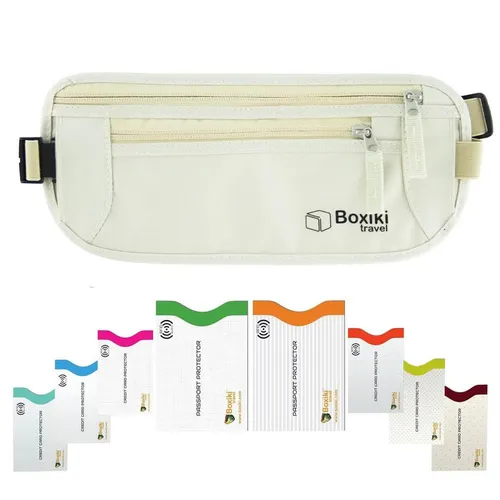 Boxiki Travel Marsupio Portasoldi Beige + 8 Navy RFID Navy Blue Anti -Theft