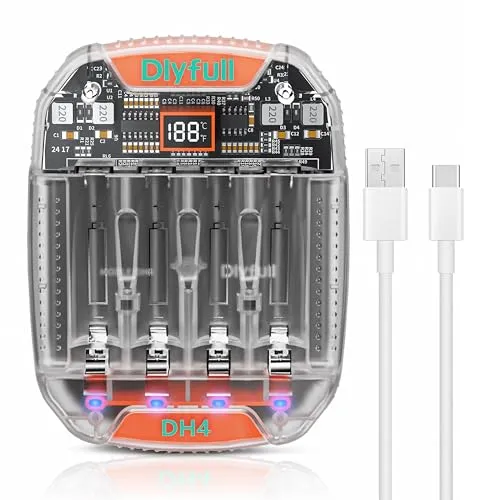 Dlyfull Akku Ladegerät 4-Fach für AA AAA NI-MH 1,5V Li-Ion USB-C | Ein Ladegerät für verschiedene Akkus: 4 Zellen gleichzeitig laden, ideal für AA/AAA Ni-MH und Li-Ion Akkus im Alltag.