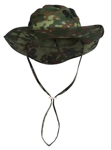 Tropenhut Bundeswehr nach TL Flecktarn - Sonnenhut für Damen, robustes Design mit optimaler Belüftung und anpassbarem Kinnriemen für hohen Tragekomfort bei Outdoor-Aktivitäten.
