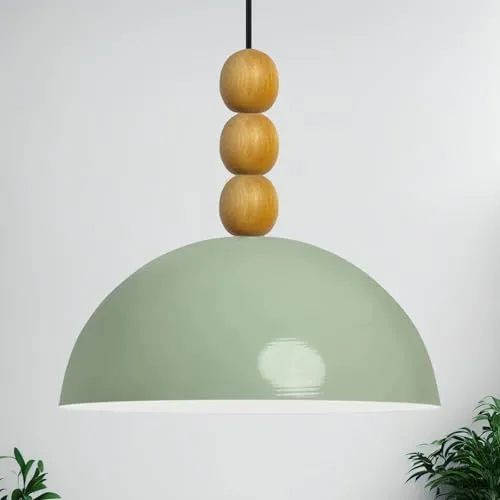 bamyum Champion Pendelleuchte aus Holz, 26 cm Hängelampe Metall E27 Moderne Esstisch Lampe, Skandinavisch Pendellampe für Schlafzimmer Wohnzimmer Küche Esstisch, Minzgrün Küchenlampe Hängend