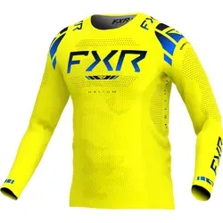 FXR Helium 2025 Motocross Jersey, blau-gelb, Größe M - Motocross-Jersey aus leichtem Polyester-Mesh für optimale Atmungsaktivität und Tragekomfort. Ideal für Athleten mit ultraleichter Konstruktion und verklebten Ärmelbündchen, die Reibung minimieren.