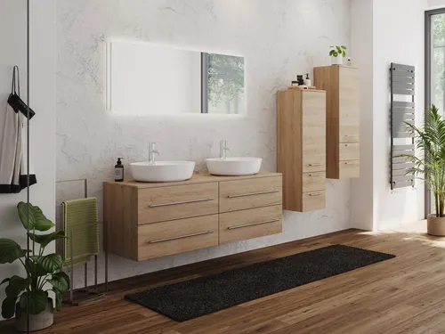 Magnolia Home Waschtisch Badmöbel-Set CHARLIE B 143 mit Aufsatzbecken - Hochwertiges Badmöbel-Set für stilvolle Badezimmergestaltung: 2 Badschränke, Spiegel und Keramik Waschbecken in einem durchdachten Design. Robuste Materialien und Softclose-Funktion für maximalen Komfort.