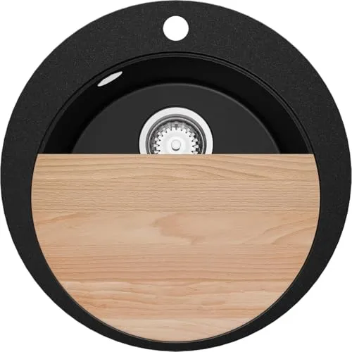 PRIMAGRAN Spülbecken Rund Schwarz 50x50cm - Pisa - Küchenspüle mit innovativem Top-System für zusätzliche Arbeitsfläche, ideal für Unterschränke ab 45 cm, kratzfest und langlebig.