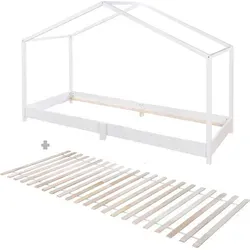 roba Hausbett 90 x 200 cm - Montessori Kinderbett mit Lattenrost - Kleinkindbett mit dekorativer Dachkonstruktion, niedriger Einstieg fördert Selbstständigkeit. Hergestellt aus robustem, weiß lackiertem Massivholz für hohe Stabilität und Sicherheit.