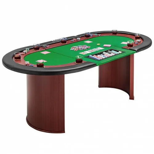 MUWO Pokertisch für 10 Spieler mit Dealerbereich - Ellipsenförmiger Pokertisch mit abnehmbarer Chipablage für 500 Chips und neun Edelstahl-Getränkehaltern. Hoher Komfort durch gepolsterte Armlehnen und weiche Filzoberfläche – perfekt für entspannte Pokerabende!