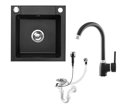 Faizee Möbel Granitspüle 44x46 Hochwertig beidseitig Montierbar Küchenspüle Granit inkl.Siphon Set (Armatur Schwarz, Schwarz)