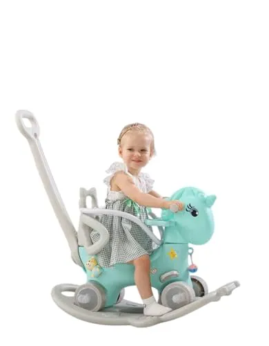 Schaukelpferd mit Schiebegriff in Türkis und Rosa - Hochwertiges Schaukelpferd für Kinder von 1-4 Jahren mit Sicherheitsgurt, praktischen Schiebegriff und abgerundetem Design. Ideal für sicheres Spielen und großen Spaß!