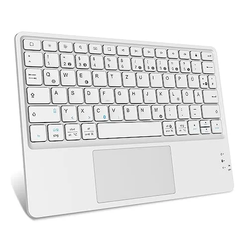 FINTIE Kabellose Bluetooth Tastatur mit Touchpad für Tablets - Tastatur mit deutschem Layout, kompatibel mit iOS und Android, bietet ein präzises Trackpad und ist ultradünn für unterwegs – ideal für produktives Arbeiten auf Tablets.