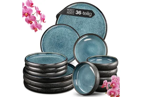 Moritz & Moritz SOLID 36-tlg Geschirr Set für 12 Personen - Kombiservice aus Steinzeug, ideal für besondere Anlässe und den täglichen Gebrauch. Jedes Stück ist ein Unikat durch reaktive Glasur. Spülmaschinen- und backofengeeignet.