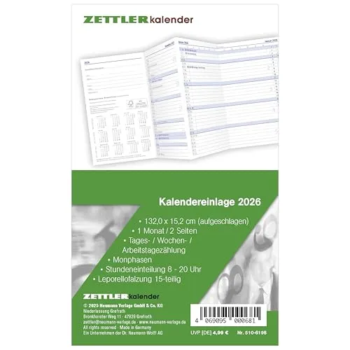 Zettler Kalenderersatzeinlage TP 1M/2S Leporello 2026 – Ersatzkalendarium 9 × 15 cm für Taschenplaner Typ 510, 1 Monat auf 2 Seiten, 15-teilige Leporellofalzung, Feiertage, Arbeitstage, FSC