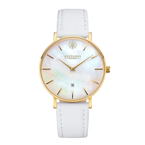 Moyen Damenuhr Gold Perlmutt Lederarmband Weiß Saphirglas 5 ATM