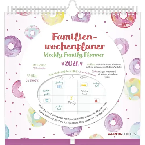 Alpha Edition Familien Wochenkalender Dots 2026 - FSC-zertifizierter Familienplaner im praktischen 30,5x30,5 cm Format mit 6 Spalten, Aufklebern und Stifthalter – ideal für die Organisation des Familienalltags.
