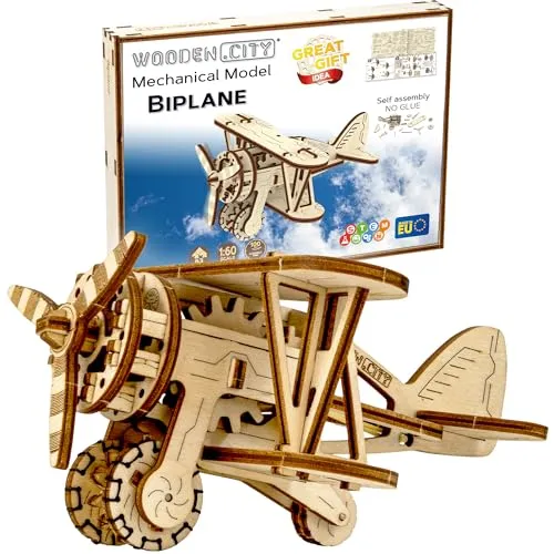 WOODEN.CITY 3D Puzzle, Doppeldecker Holz Flugzeug Spielzeug, Modellbau Bastelset für Erwachsene, Vintage Holzpuzzle, DIY Modellbausatz, Partner Geschenke, Büro Deko, Hobby, Lasercut