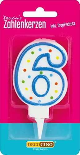 DECOCINO Zahlenkerzen Zahl „6“ – Torten-Kerzen Happy-Birthday-Deko, Gerbutstags-Kerzen, Geburtstags-Deko für Geburtstags-Torte & Geburtstags-Kuchen, 7cm
