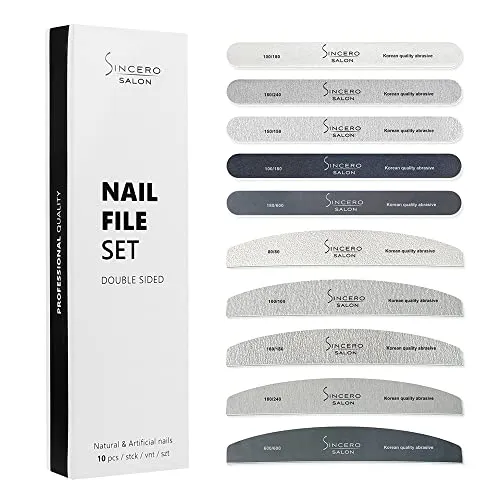 Sincero Salon - Starke Nagelfeilen Set - Verschiedene Körnungen - Hochwertige - Nagelfeile - Nagelfeilen für Gelnägel - Nagelfeilen Naturnägel - Nägel Zubehör - Doppelseitige - 10 Stück