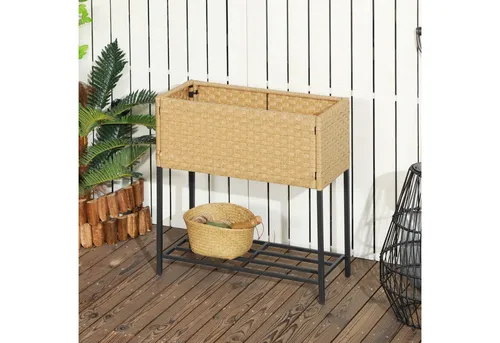 Outsunny Poly Rattan Hochbeet 70 x 30 x 70 cm - sand - Hochbeet aus robustem Poly Rattan, wetterfest und ideal für ganzjährige Gartenfreude. Stabiler Metallrahmen sorgt für Langlebigkeit und Nutzung auch bei schlechtem Wetter.