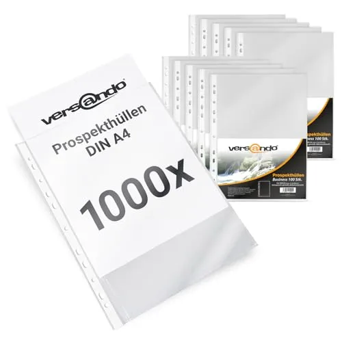 versando 1.000x A4 Prospekthüllen Business mit Heftrand Klarsichthüllen genarbt transparent 60my (10x 100 Stück)