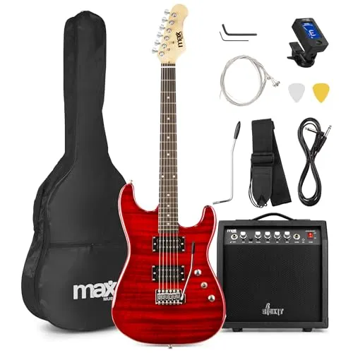 Max GigKit E Gitarre Quilted Style, E Gitarren Set mit Verstärker, Gitarrentasche, Plektrum, Stimmgerät Gitarre, Instrumentenkabel, Ersatzsaiten und Gitarrengurt, 22 Bünde - Dunkel Rot