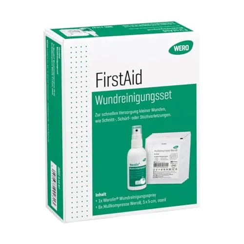 WERO FirstAid Wundreinigungsset – Wundreinigungsspray & sterile Mullkompressen – zur schnellen Reinigung kleiner Wunden – Erste-Hilfe-Set