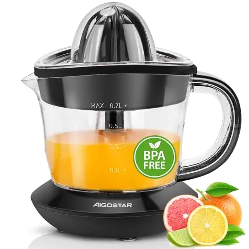 Aigostar Saftpresse Elektrisch 2 Kegel, Orangenpresse 40 Watt, Zitruspresse 0.7 Liter, 2 Drehrichtungen, Hohe Saftausbeute, Tropfsicherer Auslauf, BPA-frei