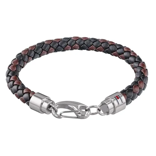 Tommy Hilfiger Herren Lederarmband - Schwarz und Braun - Elegantes geflochtenes Lederarmband mit Edelstahlverschluss und Tommy Hilfiger-Flaggenlogo, ideal für stilbewusste Herren.