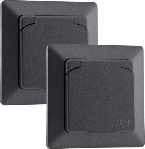 MILOS Schutzkontakt-Steckdose IP44, 250V/16A, Anthrazit - 2 Stück - 2 Stück Unterputz Steckdosen mit IP44 Schutzart, ideal für den Einsatz in Feuchträumen oder im Außenbereich. Klappdeckel schützt vor Spritzwasser und Staub, einfache Montage und hoher Berührungsschutz.