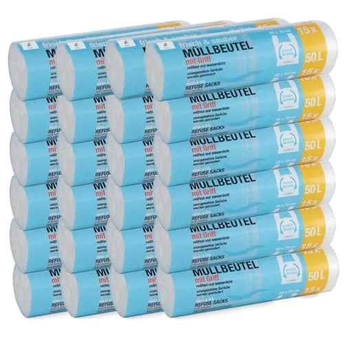 Stück Müllbeutel Premiumline: 50 Liter, 24er Pack, Größe: 60 x 70 cm - Besonders reißfest und wasserdicht - Mit Trage-Griff/Henkel 360