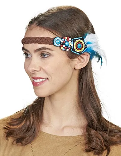 Elbenwald Stirnband mit Schmuckperlen und Federn - Türkis - Toller Kopfschmuck zu Indianer Hippie Kostümen Karneval Festival Love and Peace Party