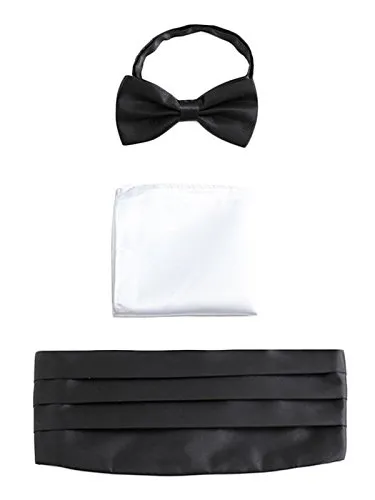 Herren Satin Kummerbund Fliege Einstecktuch 3 in 1 Set für Hochzeit Party Ball Banquet Smoking Gentleman - Schwarz Weiß