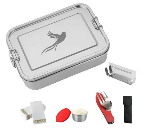 Little Lorien Lunchbox Brotdose Edelstahl 1200ml, 2 Fächer, Besteck, Trennwand & Servietten, Edelstahl, (5-tlg., 1 Brotdose, 1 Trenner, 1 Campingbesteck, 10 Papierservietten, 1 Sauce-Dose), Wiederverwendbar,auslaufsicher,Campingbesteck,Edelstahl,leicht,rubust