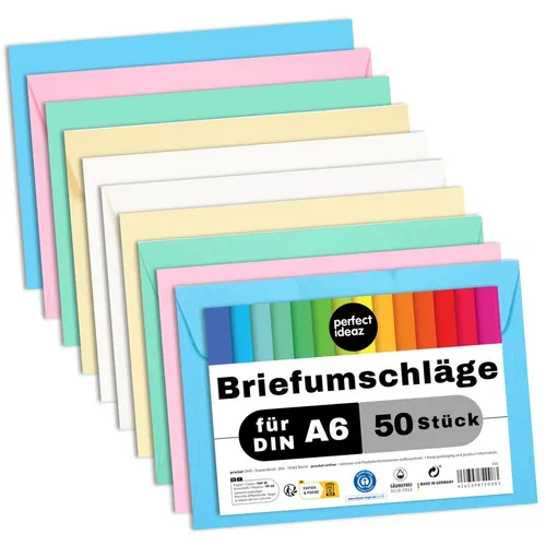 perfect ideaz 50 Briefumschläge C6 bunt selbstklebend ohne Fenster für A6 Karten