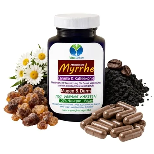 Myrrhe Kamille Kaffeekohle vegan 120 Kapseln - Pflanzlicher Darmkomplex für eine ausgewogene Verdauung. Ideal für den täglichen Einsatz, unterstützt die natürliche Balance von Magen und Darm. 100% vegan und ohne Zusatzstoffe.