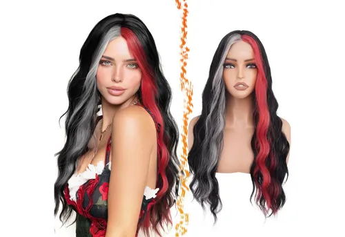 LuxusKollektion Kunsthaarperücke Perücke Gewellt Mittelscheitel Damen Synthetisch 71cm Schwarz Rot Grau