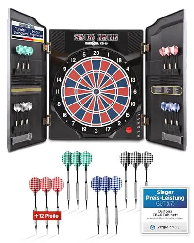 Dartona Elektronische Dartscheibe CB40 Cabinett - Sieger Preis-Leistung - Sport & Outdoor, für 1-8 Spieler mit 27 Spielen und 250 Spielvarianten, dekorativer Wandschrank mit Zubehörablagen und 4 LED Displays für den Spielstand.