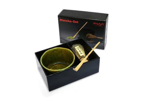 MAOCI Teeschale olive moosgrün - Matchaschale Set mit Besen und Löffel - Teeschalen für die Matcha-Zubereitung, mit einzigartiger reaktiver Oberflächenglasur, die jedes Stück zum Unikat macht.