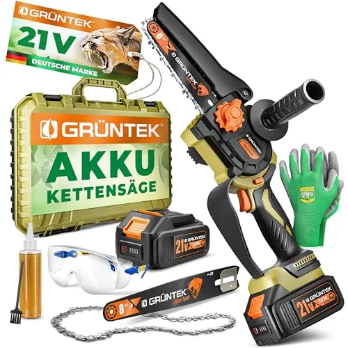 GRÜNTEK Akku Kettensäge 21V, Mini Motorsäge mit 2 Akkus 3.0Ah, Elektrische Akku Astsäge 1050W Brushless, Profi Handkettensäge, 6 und 8 Zoll Schwert, Kompakt mit Zubehör im Koffer