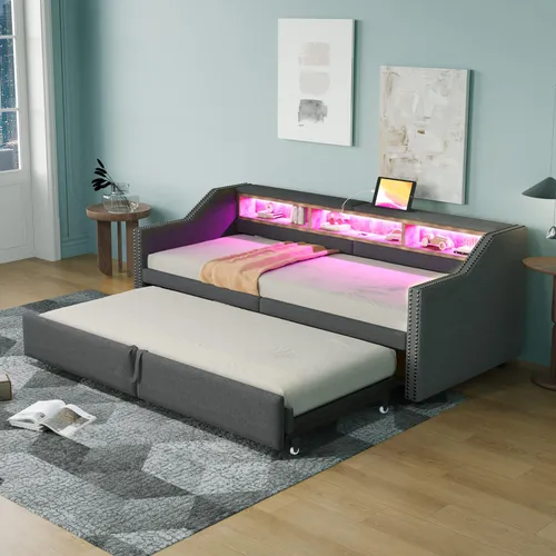 MODFU Schlafsofa mit ausziehbares Bett,90/180x200 TagesbettJugendbett mit LED Beleuchtung und USB Anschluss,mit Lattenrost,Dunkelgrau (ohne Matratze)