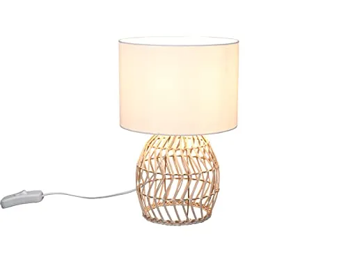 Große Boho Tischleuchte Rattan Geflecht & Stoffschirm Ø 25cm - Tischlampen: Stilvolle LED Leuchte mit Rattangeflecht, dimmbar in 3 Stufen für gemütliche Lichtakzente im Boho-Stil.