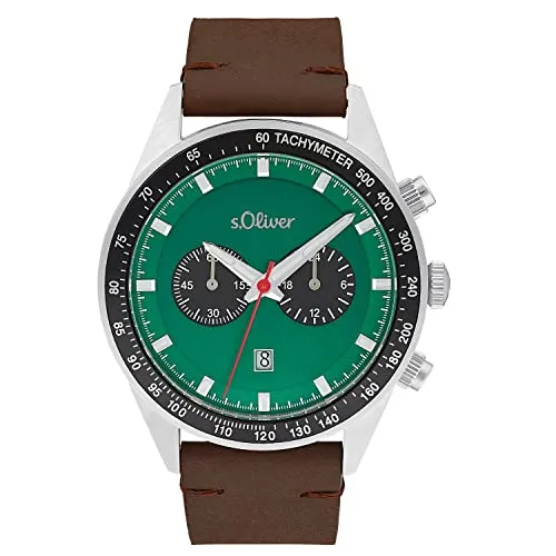 s.Oliver Herren Chronograph Armbanduhr mit Lederarmband - Hochwertige Armbanduhr für Herren, 5 bar wasserdicht und mit Datumsanzeige. Kommt in eleganter Geschenkbox - ideal für besondere Anlässe.