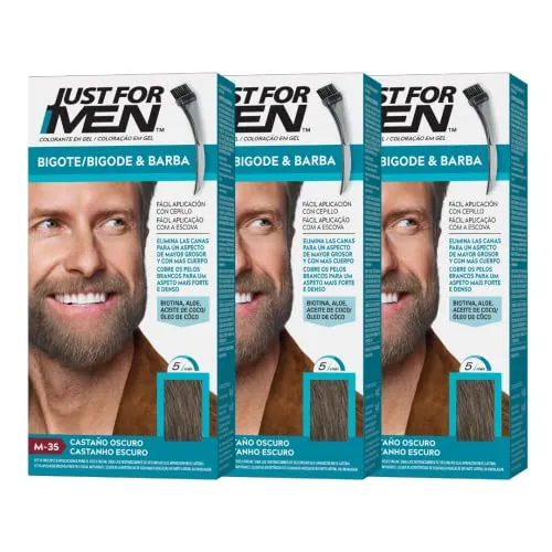Just For Men Tinte Colorante En Gel Para Barba Y Bigote. Con Aloe y Aceite de Coco, para una Barba Sin Canas y con Aspecto Más Denso en 5 minutos. Tono Castaño Oscuro, M35 (3 Pack)