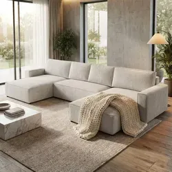 Ecksofa Parys U - Beige Eckcouch mit Schlaffunktion - Sofa mit universeller Ottomane, Schlaffunktion und Bettkasten. Hochwertiger Cordstoff für besonderen Komfort und Langlebigkeit. Ideal für trendige Wohnzimmer.
