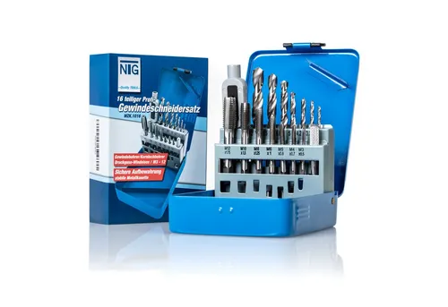 NTG Gewindeschneider Set 16-tlg. HSS Stahl mit Aufbewahrungsbox - Praktisches 16-teiliges Gewindebohrer Set aus HSS Stahl für präzise Gewinde. Inklusive Aufbewahrungsbox, ideal für Werkstätten und Hobbyhandwerker.