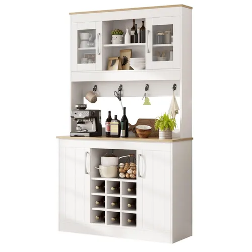 Küchenbuffet Buffetschrank mit Aufsatz 175cm – Moderner Küchenschrank mit Glastüren und Weinregal - Praktisches Küchenbuffet für Küche und Esszimmer. Mit Glastüren zur dekorativen Präsentation von Geschirr und integriertem Weinregal für bis zu 6 Flaschen. Ideal für zusätzlichen Stauraum und moderne Akzente.