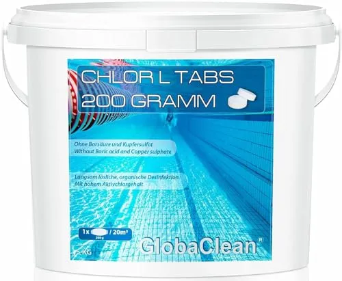 GlobaClean Chlor Langzeittabletten 200g - Langsam löslich - 5kg - Langzeitdesinfektion für Pools ab 20.000 l - Sehr hoher Aktivchlorgehalt