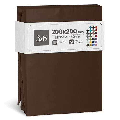 Bettwaesche-mit-Stil Mako Satin Spannbettlaken Spannlaken Spannbetttuch (200x200 cm, Matraztenhöhe Höhe 31-40 cm, Dunkelbraun)