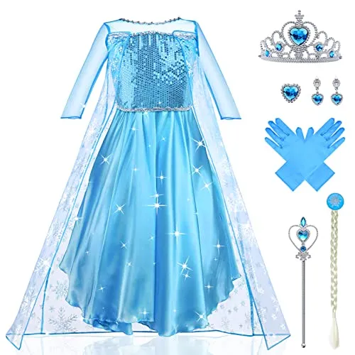 URAQT Kostüm Kinder Mädchen, 9-teiliges Set Kleid Kinder mit Krone Diadem Handschuhe Zauberstab für Weihnachten Verkleidung Karneval Halloween Geburtstag Party(110)