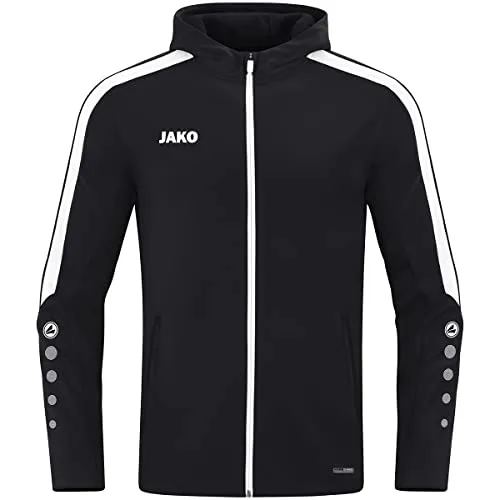 JAKO Kapuzenjacke Power - Warm und Funktional in Schwarz/Weiß - Funktionsjacke aus 100% Polyester mit weichem Fleece-Innenfutter, Kapuze und praktischen Seitentaschen mit Reißverschluss. Ideal für kalte Jahreszeiten und perfekt kombinierbar mit der Teamline Power.