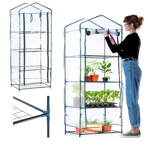 KADAX Gewächshaus mit 4 Ebenen, 68 x 48 x 170 cm, kleines Foliengewächshaus für Balkon, Terrasse & Garten, Balkongewächshaus klein mit PVC-Abdeckung